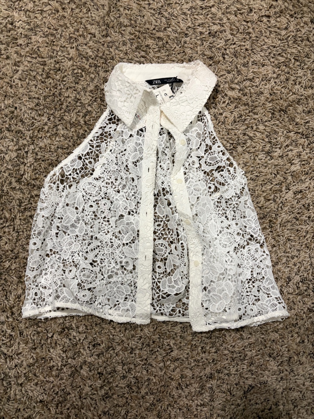Zara White Floral Lace Halter Button-Front Top